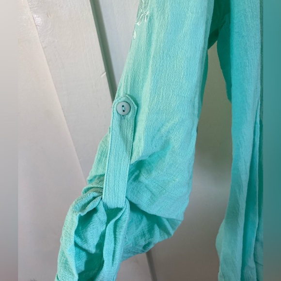 NWT soft surroundings 2X button down blouse roll tab sleeves aqua - Picture 4 of 10